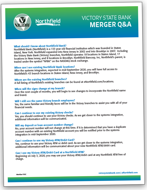 Victory State Bank Merger FAQ
